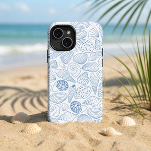 Minimalist Seashell Line Art Phone Case - Blue & White Beach Pattern for iPhone and Samsung - Ocean Aesthetic Coastal Vibes Cover