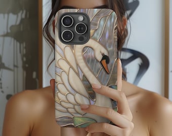 Gebrandschilderd glas zwaan telefoonhoesje: elegant pastel dierenliefhebber cadeau
