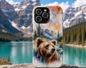 Grizzly Bear Tough Phone Case, Watercolor Mountain Wildlife Art for iPhone Samsung Pixel