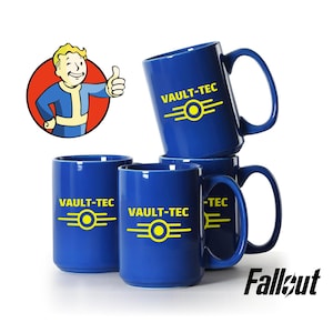 May include: Four blue ceramic mugs stacked together, each bearing the words "VAULT-TEC" and a yellow logo. The mugs have large handles. A cartoon character giving a thumbs up is in the upper left corner. The word "Fallout" is in the lower right corner.
