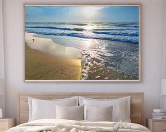 Quadro su tela con alba sulla spiaggia e onde dell'oceano, stampa costiera, stampa di paesaggio marino, stampa da parete di grandi dimensioni