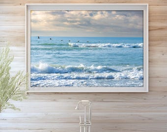Coastal Canvas Print: Ocean Waves, Pelicans - Beach House Decor, Beach Photography