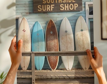 May include: A print featuring five surfboards leaning against a weathered wooden wall. The sign above reads "Southside Surf Shop." The surfboards are in various colors, including white, blue, and brown, with a sandy beach scene below.