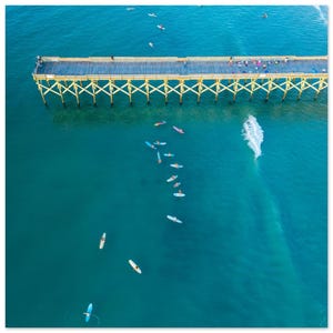 Aerial Beach Art: Surfers & Turquoise Waves - Aluminum Print