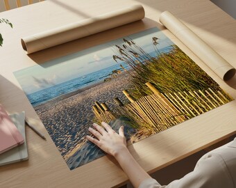Lámina de playa con la hora dorada, póster enrollado, fotografía de paisaje costero.