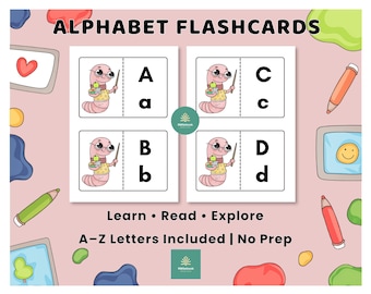 Schede didattiche dell'alfabeto per bambini / Schede di apprendimento dalla A alla Z / Tema "Topo di biblioteca" in formato PDF
