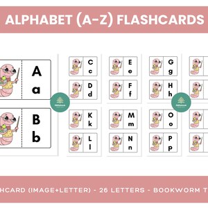 Puede incluir: Tarjetas del alfabeto de la A a la R, cada una con su letra minúscula correspondiente. Las tarjetas tienen un tema de gusano de libro, con un gusano de dibujos animados que lleva gafas y sostiene un puntero. El texto "ALPHABET (A-Z) FLASHCARDS" está en la parte superior.