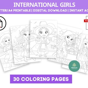 May include: A collection of five coloring pages featuring line art illustrations of girls in various outfits. The text "INTERNATIONAL GIRLS" and "30 COLORING PAGES" are displayed. A PDF icon is also visible.