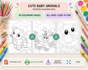 Puede incluir: Un conjunto de 30 páginas para colorear imprimibles tituladas CUTE BABY ANIMALS, con dibujos lineales de un ternero, una mariposa y un pájaro en un nido. La descarga digital incluye formatos A4 y US letter para actividades de colorear.