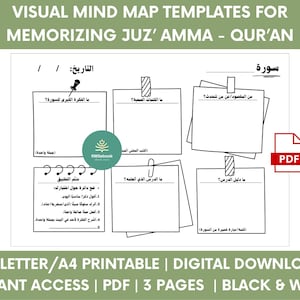 Può includere: Modello di mappa mentale stampabile in bianco e nero per memorizzare Juz' Amma dal Corano. Il modello include sezioni per note, domande e idee chiave. Il testo include le parole "Visual Mind Map Templates" e "Digital Download".
