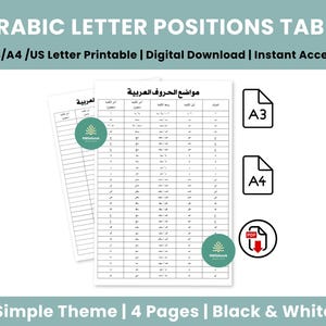 May include: A black and white printable Arabic letter positions table featuring a grid layout with columns for letter forms. The document includes text in Arabic and English, with icons for A3, A4, and PDF download formats on a light background.