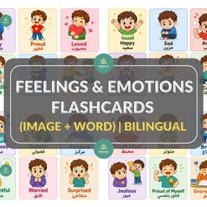 Puede incluir: Juego de tarjetas didácticas bilingües con ilustraciones que representan diversos sentimientos y emociones. Cada tarjeta presenta a un niño de dibujos animados expresando emociones como feliz, triste o enfadado, con las palabras en inglés y árabe.