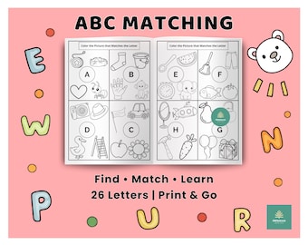Hojas de trabajo para emparejar letras del alfabeto para niños / Actividad de reconocimiento de letras de la A a la Z con imágenes / PDF imprimible para preescolar