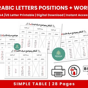 May include: A digital educational printable featuring Arabic letter positions and words in a table format. The document includes 28 pages with A4 and US Letter sizing options. The layout displays Arabic characters in various word positions.
