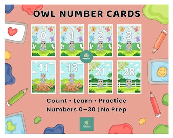 Owl Number Flashcards 0–30 for Kids | Preschool Math Learning Cards | Printable PDF