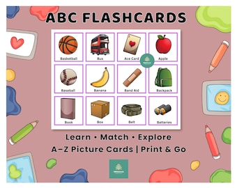 Schede didattiche dell'alfabeto dalla A alla Z per bambini / Schede illustrate per l'apprendimento prescolare e a casa / PDF stampabile