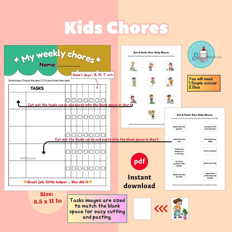 Weekly Chores Chart for Kids Printable and Task Cards PDF | 11 Pages ...
