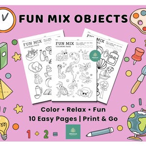 May include: A pink background with the text "FUN MIX OBJECTS" and illustrations of coloring pages, a clock, a book, a lightbulb, and other objects. The coloring pages have the text "FUN MIX COLORING PAGE" and "Color • Relax • Fun".