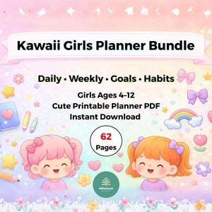 Könnte beinhalten: Ein digitales Planer-Bundle für Mädchen im Alter von 4-12 Jahren, mit einem Kawaii-Design mit Herzen, Sternen und Regenbogen. Der Planer enthält tägliche, wöchentliche, Ziele und Gewohnheiten, mit 62 Seiten zum sofortigen Download.