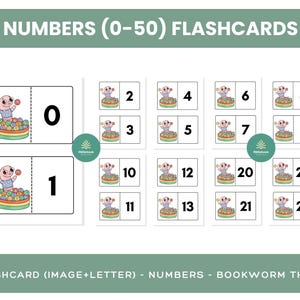 Puede incluir: Tarjetas didácticas para aprender los números del 0 al 50, con temática de gusano de libro. Cada tarjeta muestra un número y una ilustración de un personaje. Diseñadas para fines educativos.