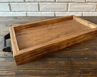 Rustic Wood Serving Tray with Metal Handles, Farmhouse Decor