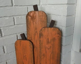 The Three Wood Pumpkins - Indoor/Outdoor Fall Decor, Autumn Decoration, Pumpkin Display, Halloween Decor