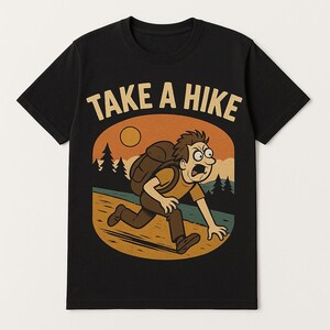 面白いハイキングTシャツ - 「Take a Hike」レトロ漫画シャツ - アウトドアユーモアTシャツ - ハイカーやキャンパーへのギフト - ブラックグラフィックシャツ