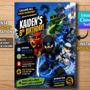 Pode incluir: Um modelo de convite de aniversário digital com quatro personagens ninja em trajes verdes, azuis, vermelhos e pretos. O texto diz Kaiden's 8th Birthday, Saturday June 20, 2026, 2:00 PM - 4:00 PM, Ninja Dojo HQ, 123 Ninja Warriors Way, Ninja City, 12345.