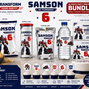 May include: A party bundle with a red, white, and blue robot theme. Includes labels for snacks and drinks, a thank you card, cake topper, and cupcake toppers. The text reads "Samson is turning 6". Ideal for a child's birthday.