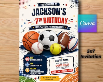 Plantilla de invitación de cumpleaños deportiva, invitación de cumpleaños deportiva, invitación editable en Canva, invitación imprimible para fiestas de baloncesto, fútbol, béisbol