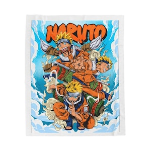 May include: A white blanket featuring a vibrant illustration of the anime character Naruto in various action poses. The design includes the word "NARUTO" in orange, set against a blue sky and cloud background. The character is depicted in orange and blue attire.