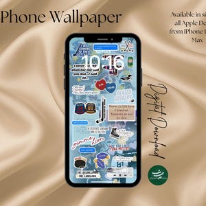 Könnte beinhalten: Ein Smartphone zeigt ein individuelles Handy-Hintergrundbild mit hellblauem Hintergrund und verschiedenen stickerartigen Grafiken. Das Hintergrundbild enthält Text, Hockey-Elemente und die Wörter "Phone Wallpaper" und "Digital Download."