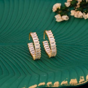 Gold Baguette Hoop Earrings | CZ Crystal Hoop Earrings | Brass Gold Plated Hoops | Elegant Sparkly Earrings | Gift for Her
