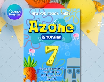 Sponge Birthday Invitation Editable Canva Template Party Decor