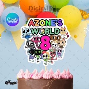May include: A cake topper with the text "AZONE'S WORLD" and the number "8" in a colorful design. The topper features cartoon characters and is placed on a chocolate cake with pink frosting. Balloons and a blue background are visible.
