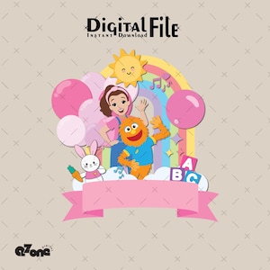 May include: A digital illustration with a rainbow, sun, balloons, and cartoon characters. The image includes the text "Digital File Instant Download" and a pink banner for text. The overall theme is educational.