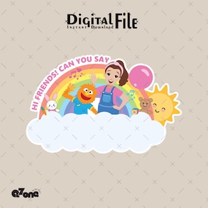 Può includere: Illustrazione di file digitale con il testo "Hi Friends! Can You Say". L'immagine include un arcobaleno, personaggi dei cartoni animati e le parole "Digital File Instant Download".