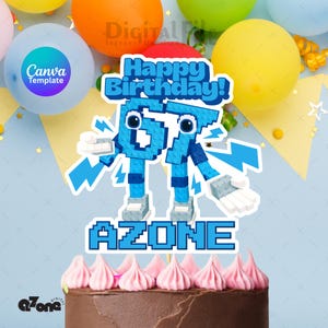 Puede incluir: Un adorno para pastel azul y blanco con el texto "Happy Birthday!" y el número "67" en un diseño pixelado. La palabra "AZONE" está debajo del número. El pastel está cubierto con glaseado rosa.
