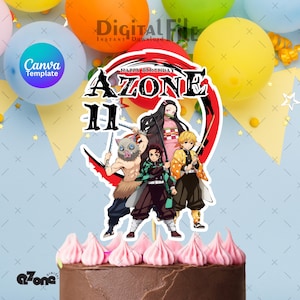May include: A cake topper featuring a colorful anime-style design with the text "HAPPY BIRTHDAY AZONE 11". The topper includes illustrations of several anime characters. The cake is topped with pink frosting.