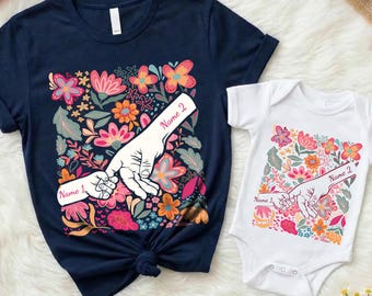 Personalized First Mother's Day Shirt Set, Custom Mama and Mini Shirt, Pinky Promise Outfit, Floral Matching Mom Baby Tee, New Mom Gift