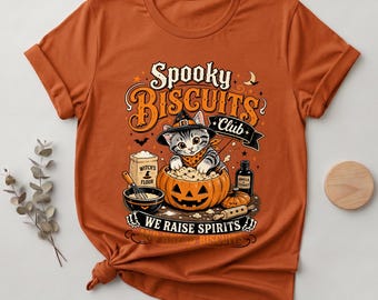 Spooky Biscuits Club Shirt, Halloween Cat T-Shirt, Witch Cat Pumpkin Graphic Tee, Halloween Baking Shirt, Spooky Season Cat Shirt