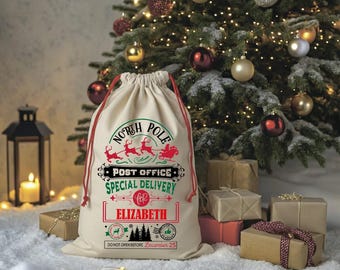 Personalized North Pole Santa Sack, Custom Name Christmas Express Mail Gift Sack, Custom Oversized Santa Present Bag, Xmas Santa Bag Gift