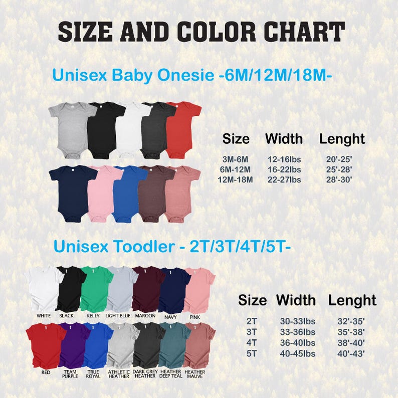 May include: Size and color chart for unisex baby onesies and toddler shirts. The chart displays various colors of onesies and shirts, along with size, width, and length measurements in inches and pounds. The text includes sizes for 6M, 12M, 18M, 2T, 3T, 4T, and 5T.