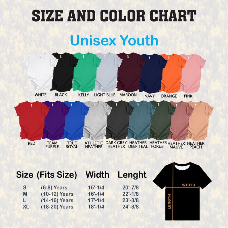 May include: Size and color chart for unisex youth t-shirts. The chart displays various shirt colors, including white, black, and red. It also shows size measurements in inches for sizes S, M, L, and XL, with corresponding age ranges.