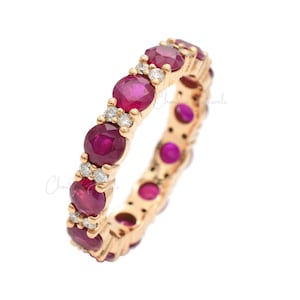 Natural Ruby Gemstone Eternity Band, 14k Solid Gold Diamond Wedding Engagement Ring, Dainty Handmade Ring For Her, Women Stackable Jewelry