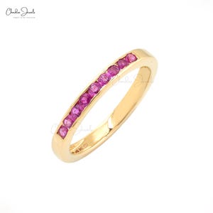 Channel Set Ruby Gemstone Wedding Band, 14k Solid Gold Half Eternity Stackable Ring, Minimalist Bridesmaid Gift Ring, Perfect for Easter