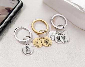 May include: Three keychains with personalized dog portraits. One keychain is silver, one is gold, and one is silver. Each keychain has a round pendant with a dog's image and name. The names are Archie, Chela, Baby, RM, bent, and Diesel.