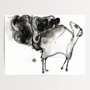 This is a contemporary ink painting illustrating a dog with problems. This black and white ink drawing has hints of teal in the detailed and whimsical imagining of a dog wondering what is wrong with its behind. Slightly comical and sometimes dark, betsy's collectable art features a turn to the weird and wonderful. Her detailed surreal work delves into the unspoken and unknown.