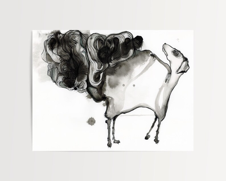This is a contemporary ink painting illustrating a dog with problems. This black and white ink drawing has hints of teal in the detailed and whimsical imagining of a dog wondering what is wrong with its behind. Slightly comical and sometimes dark, betsy's collectable art features a turn to the weird and wonderful. Her detailed surreal work delves into the unspoken and unknown.