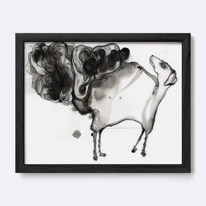 May include: A framed black and white ink wash illustration featuring a stylized dog with a long neck and slender legs, positioned next to a large, swirling, abstract cloud-like form rendered in varying shades of grey and black ink.